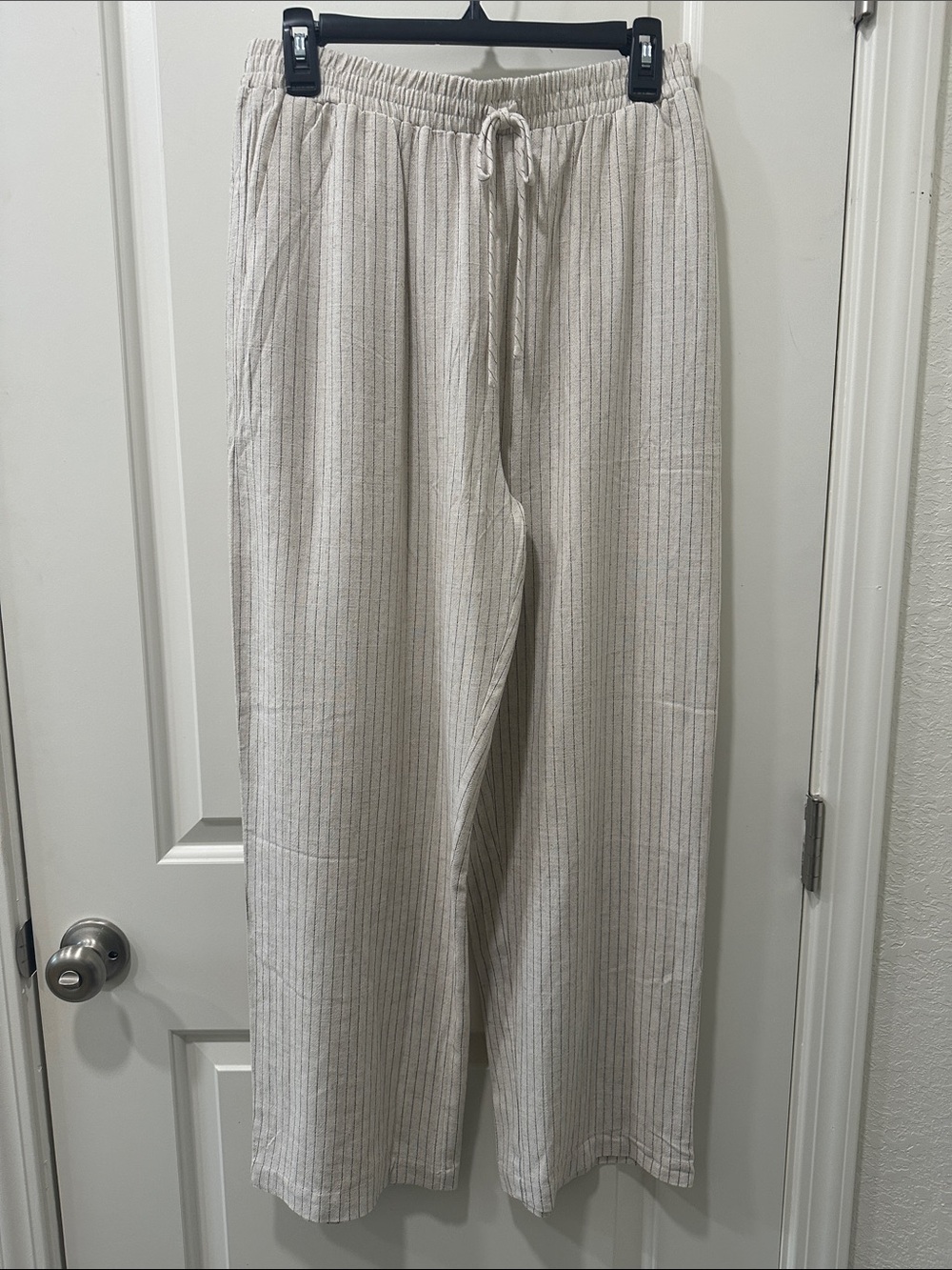 may Design Wide Leg Cream Pinstripe Pants with Drawstring